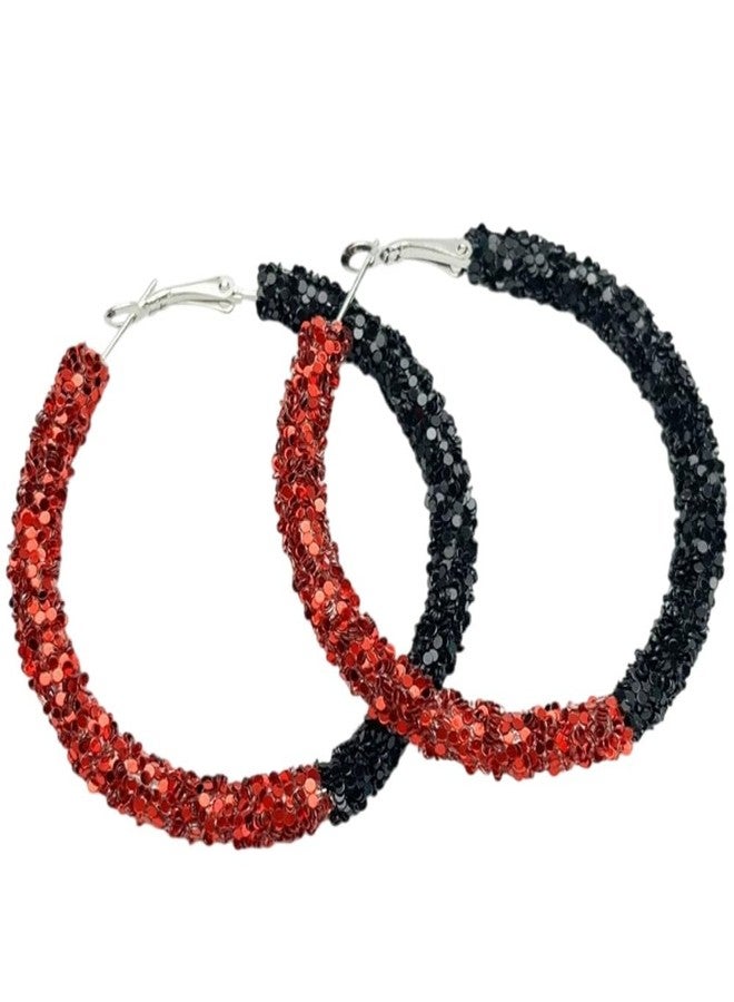 Pingyongchang Game Day Glitter Hoop Earrings Colorful Sparkle Football Baseball Volleyball Basketball Soccer Rugby Sport Team Circle Earring for Women Sports Jewelry Gifts-Red Black