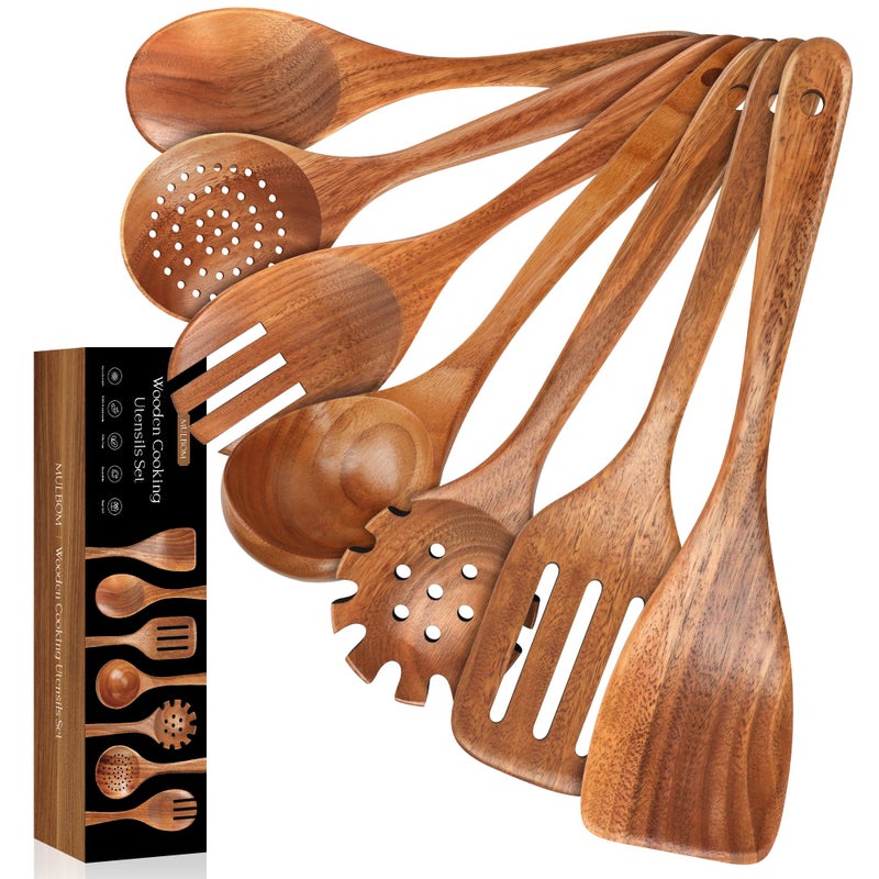 MULBOM 7 PCS Wooden Spoons for Cooking Natural Teak Kitchen Utensils Smooth Non-Stick Surface Cooking Utensils Set Perfect for Housewarming and Christmas Gift - Image 1