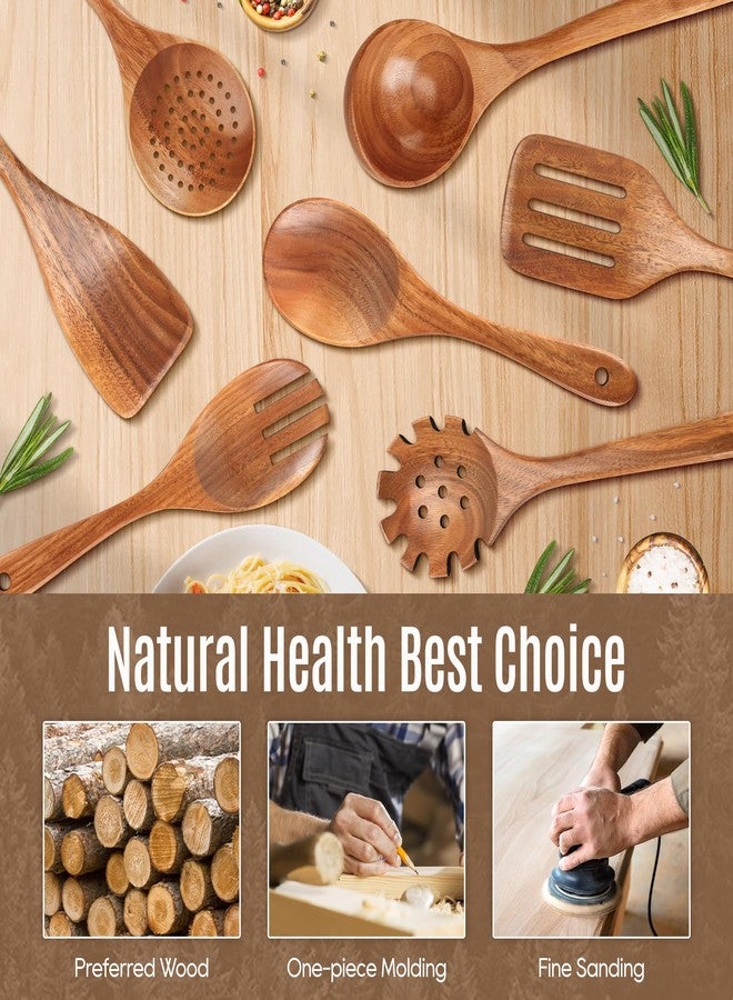 MULBOM 7 PCS Wooden Spoons for Cooking Natural Teak Kitchen Utensils Smooth Non-Stick Surface Cooking Utensils Set Perfect for Housewarming and Christmas Gift - Image 2