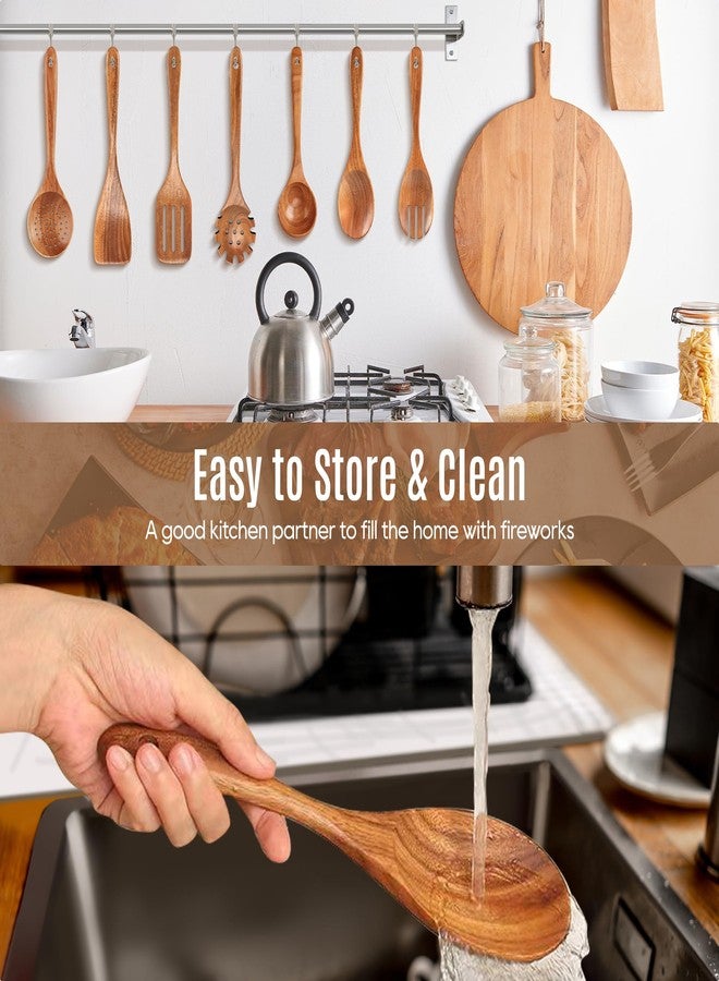 MULBOM 7 PCS Wooden Spoons for Cooking Natural Teak Kitchen Utensils Smooth Non-Stick Surface Cooking Utensils Set Perfect for Housewarming and Christmas Gift - Image 4