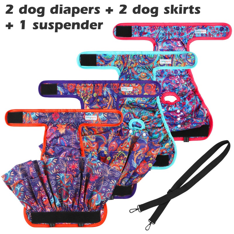 Langsprit Washable Female Dog Diapers (4 Pack+1 Suspenders), Reusable Female Girl Doggy Doggie Puppy Wraps Panties Belly Band for Pet Heat Period Pooping Peeing Potty Training Incontinence Marking Flower Small - Image 2