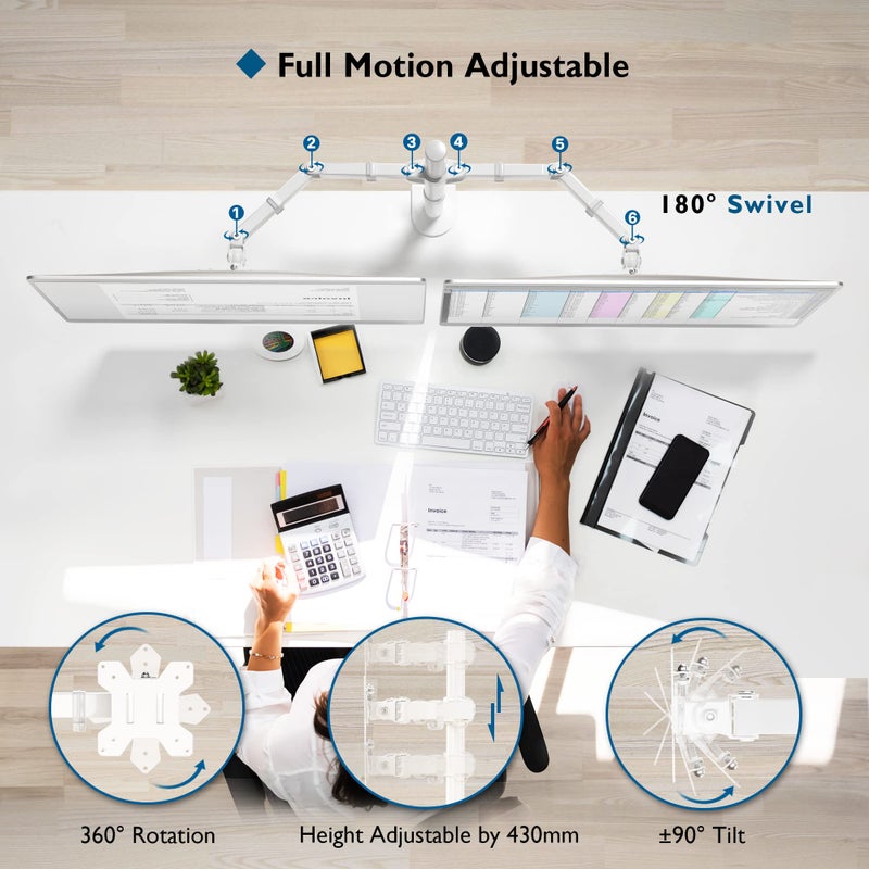 BONTEC Dual Monitor Stand for 13-27 inch Screens, Ergonomic Desks Mount, Height Adjustable Arm Bracket Tilt 90° Swivel 180° Rotate 360°, VESA 75/100 White - Image 2