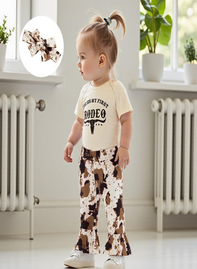 Mobbdow Newborn Baby Girl Western Outfits My First Rodeo Short Sleeve Romper Cow Print Flared Pants Set Country Clothes (Apricot, 12-18 Months) - Image 3