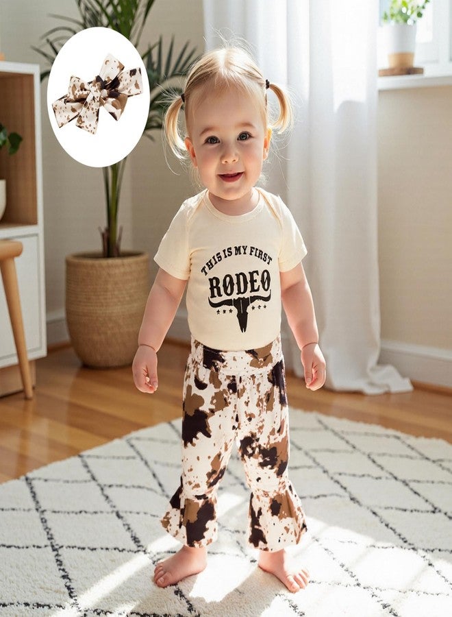 Mobbdow Newborn Baby Girl Western Outfits My First Rodeo Short Sleeve Romper Cow Print Flared Pants Set Country Clothes (Apricot, 12-18 Months) - Image 2