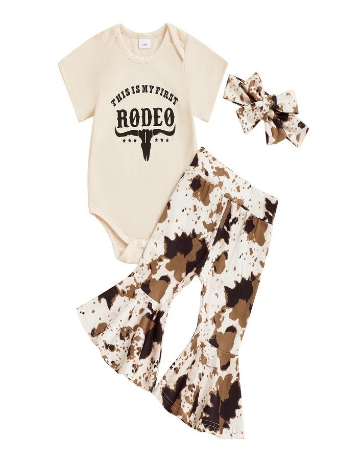Mobbdow Newborn Baby Girl Western Outfits My First Rodeo Short Sleeve Romper Cow Print Flared Pants Set Country Clothes (Apricot, 12-18 Months) - Image 1