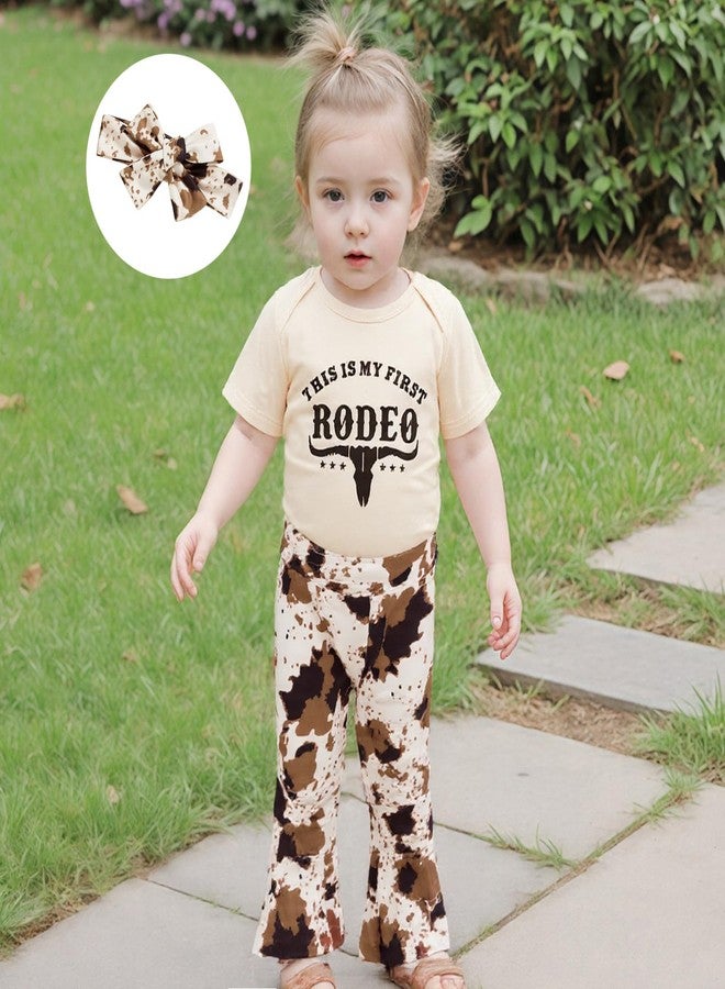 Mobbdow Newborn Baby Girl Western Outfits My First Rodeo Short Sleeve Romper Cow Print Flared Pants Set Country Clothes (Apricot, 12-18 Months) - Image 5