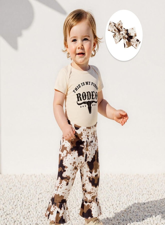 Mobbdow Newborn Baby Girl Western Outfits My First Rodeo Short Sleeve Romper Cow Print Flared Pants Set Country Clothes (Apricot, 12-18 Months) - Image 4