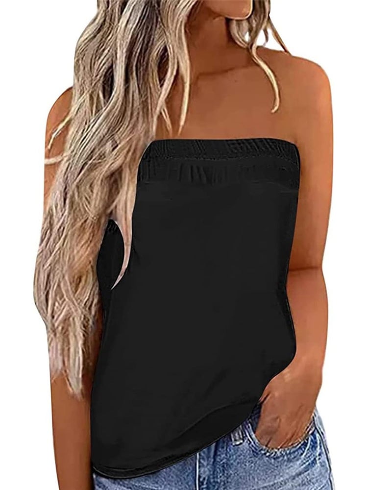 IWOLLENCE Women's Tube Tops Casual Summer Backless Strapless Top Sleeveless Bandeau Tanks Shirt Flowy Beach Coverups Black, 2XL - Image 1
