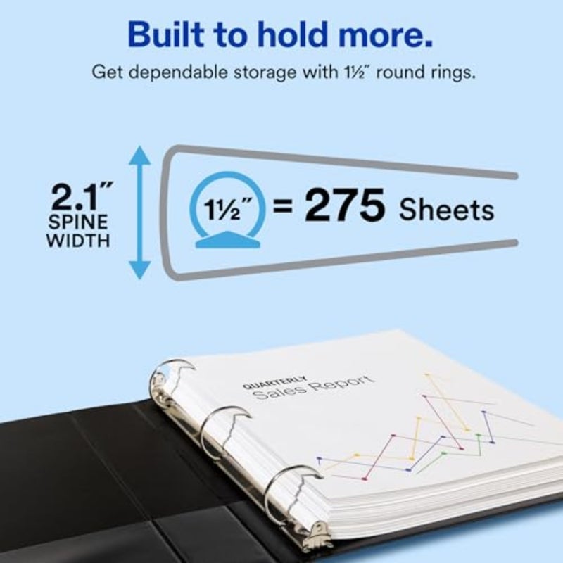 School and home organization binder with PVC-free PVC-free black polypropylene cover, lay-flat design, clear view covers, interior storage pockets, 1.5-inch round rings, economy 3-ring binder - Image 2
