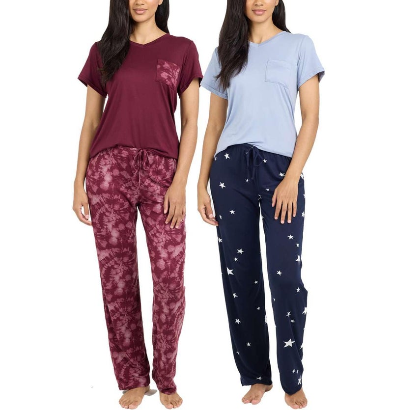 Real Essentials 2 Pack Womens Pajama Set Choose from Short Sleeve with Pocket or Long Sleeve without Pocket