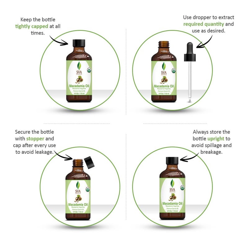 SVA Macadamia Seed Oil Organic - 4 Fl Oz – 100% Natural Cold Pressed Organic Macadamia Oil - for Face, Skin Care, Hair Care, Scalp Massage & Body Massage – Carrier Oil with Dropper