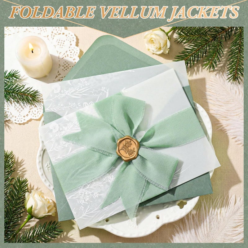 YooNotee 50 Set Wedding Invitation Kit Wedding Vellum Jackets Bulk for 5x7 Sage Green Envelope Liners Gold Wax Seal Stickers Invitation Accessories for Bridal Invite Baby Shower DIY Craft (Wildflowers) - Image 4