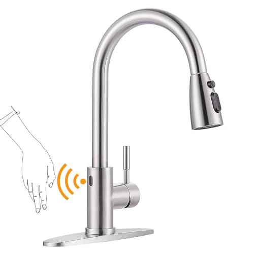 WOWOW Touchless Kitchen Faucet Stainless Steel WOWOW Smart Motion Sensor Kitchen Sink Faucet with Sprayer Stainless Steel Kitchen Faucet for Sink 1 or 3 Hole Brushed Nickel Single Handle Kitchen Tap - Image 1