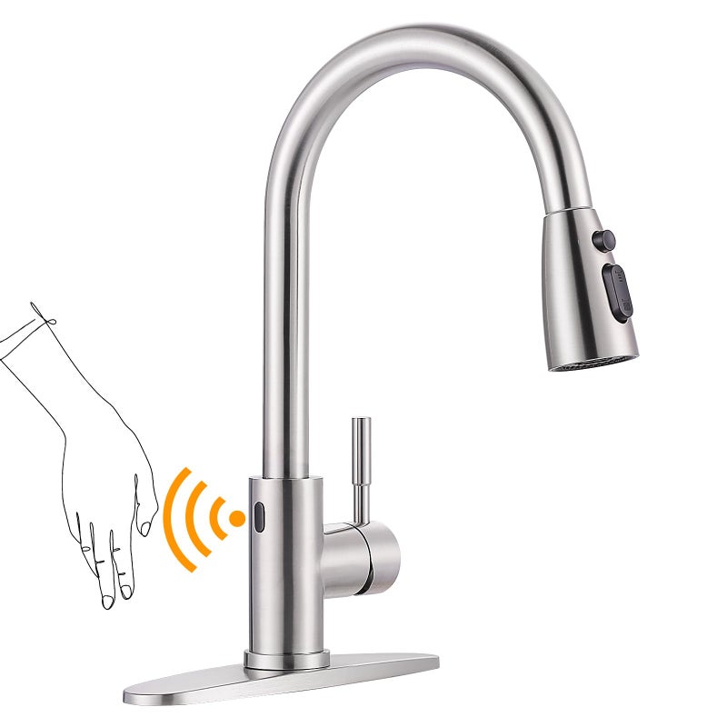 WOWOW Touchless Kitchen Faucet Stainless Steel WOWOW Smart Motion Sensor Kitchen Sink Faucet with Sprayer Stainless Steel Kitchen Faucet for Sink 1 or 3 Hole Brushed Nickel Single Handle Kitchen Tap - Image 2