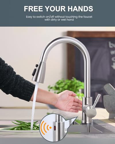 WOWOW Touchless Kitchen Faucet Stainless Steel WOWOW Smart Motion Sensor Kitchen Sink Faucet with Sprayer Stainless Steel Kitchen Faucet for Sink 1 or 3 Hole Brushed Nickel Single Handle Kitchen Tap - Image 3