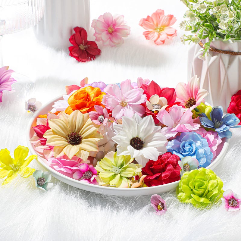 Cindeer 217 Pieces Mini Silk Heads Fake Rose Daisy Faux Flowers for Crafts Rose Flowers Plum Blossom Heads Sunflower Wedding Decoration for Halloween Home Wedding  2-4 cm (Charming Color) - Image 3