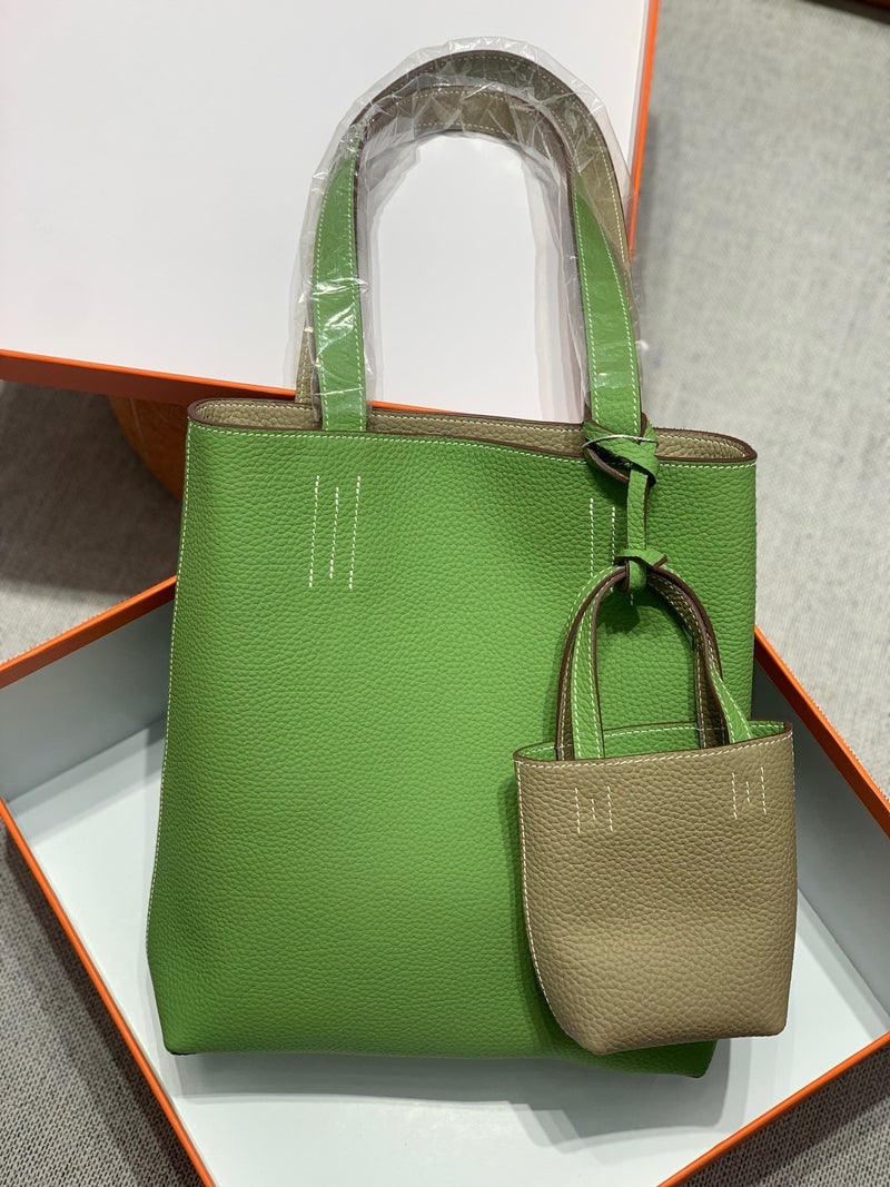 Avocado Green with Gray (Both Sides) Double-Sided Tote Bag with Delicate Litchi Grain Texture and Spacious Interior
