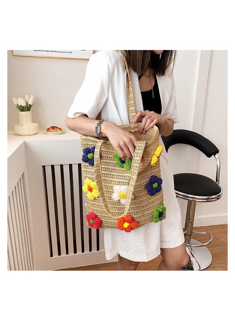 SYOSI Summer Beach Straw Bag Flower Cotton Crochet Woven, Womens Hand-woven Shoulder Bag Handbag Large - Image 2