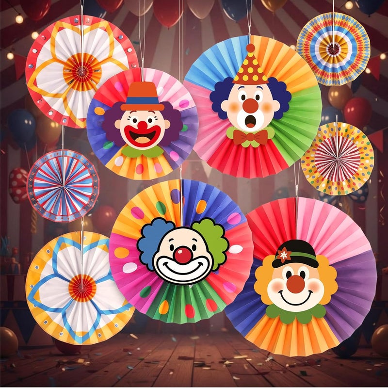Outus 13 Pcs Carnival Paper Fans Decoration Set - Hanging Circus Theme Party Ceiling Classroom Decorations with Clown Face Cutouts Carnival Circus Paper Hanging Clown Decor Birthday Party Favor Supply - Image 5