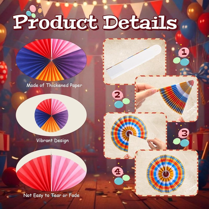 Outus 13 Pcs Carnival Paper Fans Decoration Set - Hanging Circus Theme Party Ceiling Classroom Decorations with Clown Face Cutouts Carnival Circus Paper Hanging Clown Decor Birthday Party Favor Supply - Image 3