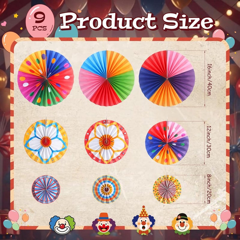 Outus 13 Pcs Carnival Paper Fans Decoration Set - Hanging Circus Theme Party Ceiling Classroom Decorations with Clown Face Cutouts Carnival Circus Paper Hanging Clown Decor Birthday Party Favor Supply - Image 4