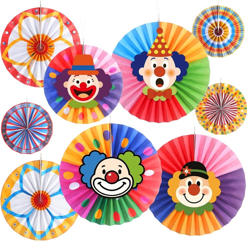 Outus 13 Pcs Carnival Paper Fans Decoration Set - Hanging Circus Theme Party Ceiling Classroom Decorations with Clown Face Cutouts Carnival Circus Paper Hanging Clown Decor Birthday Party Favor Supply - Image 1