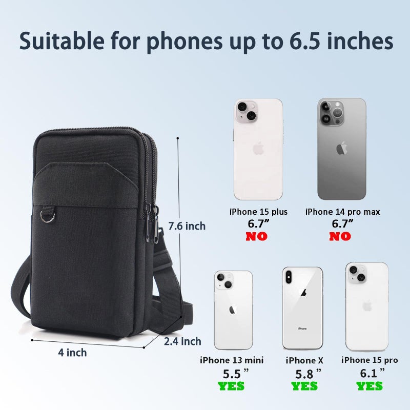 WCALULEG Travel Cell Phone Pouch Belt Pouch, Phone Holster Crossbody Bag with Shoulder Strap for iPhone Case Holder for Hand with Neck Lanyard Smartphone Walking Passport Wallet (Double Black) - Image 4