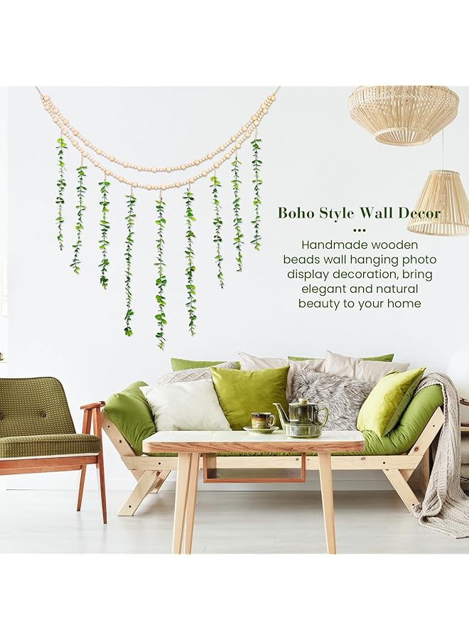 erorex Hanging Photo Display Holder Wall Decor With Wooden Cards Clips Style Picture Frame Wood Beads Garland Artificial Eucalyptus Plant Home Decoration For Farmhouse Greenery Cubicle Bedroom - Image 4