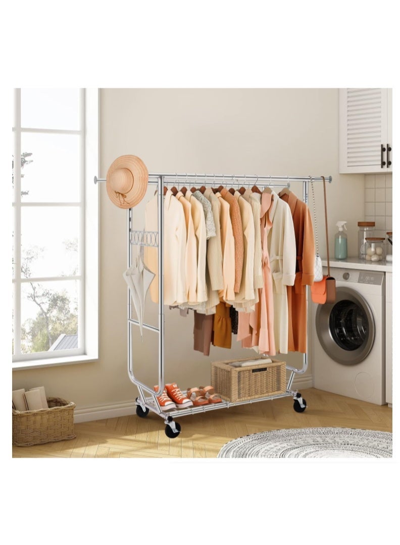 Forthcan Double Clothing Garment Rack, Heavy Duty Clothing Racks on Wheels Rolling Clothes Rack, Portable Collapsible Commercial Freestanding Closet Wardrobe Chrome - Image 1