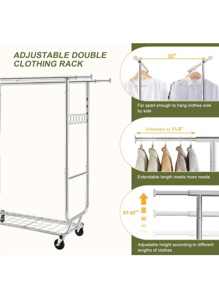 Forthcan Double Clothing Garment Rack, Heavy Duty Clothing Racks on Wheels Rolling Clothes Rack, Portable Collapsible Commercial Freestanding Closet Wardrobe Chrome - Image 5