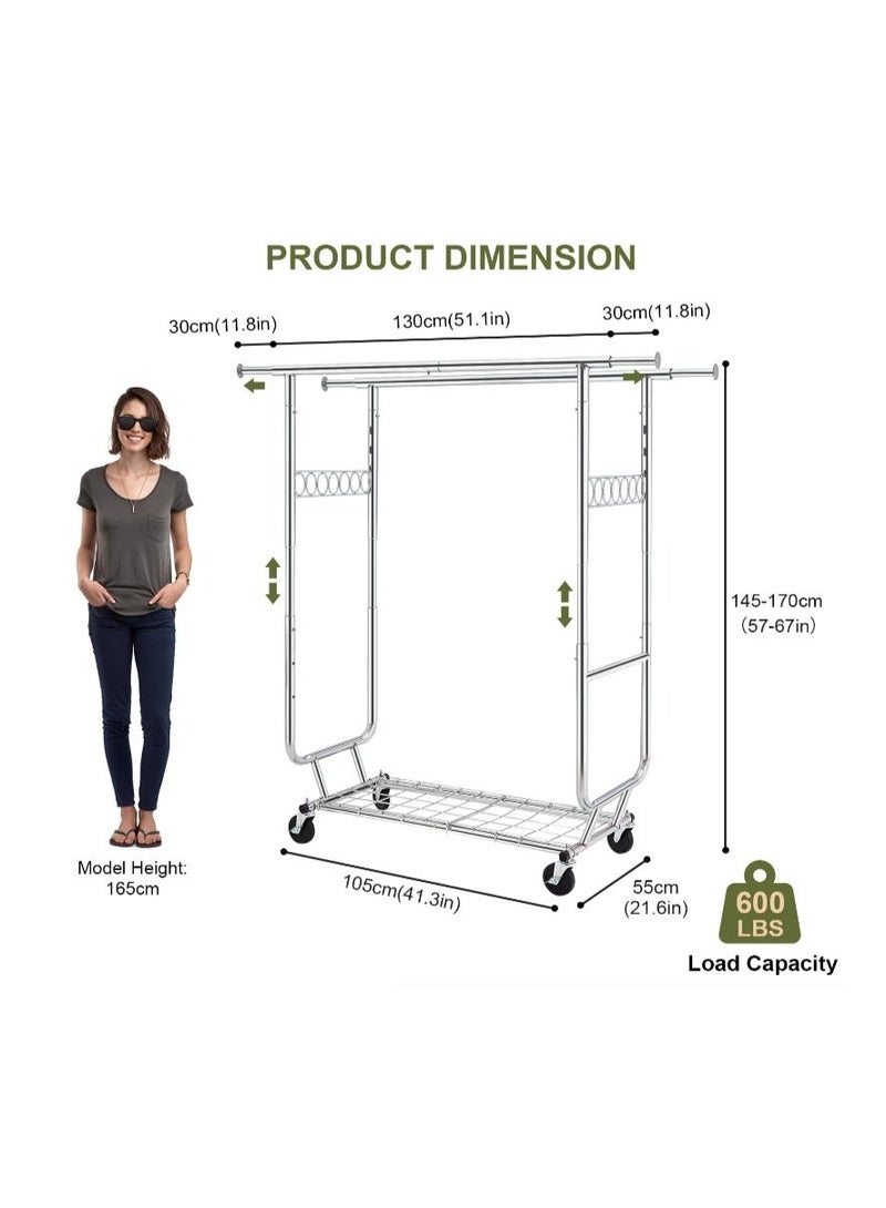 Forthcan Double Clothing Garment Rack, Heavy Duty Clothing Racks on Wheels Rolling Clothes Rack, Portable Collapsible Commercial Freestanding Closet Wardrobe Chrome - Image 2