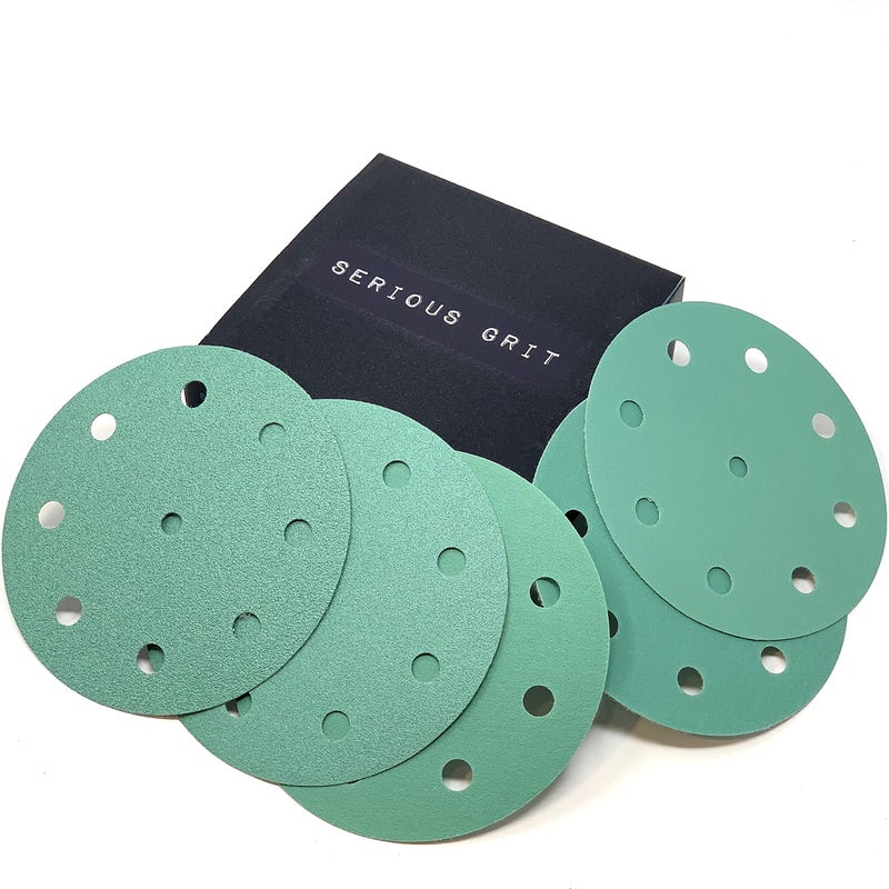 Serious Grit - 5-Inch 9-Hole Sanding Discs Assortment - 80, 120, 150, 180, 220 Grit (10 of Each) - Heavy-Duty Hook & Loop Film Discs - Sandpaper for Random Orbital Sanders - 50 Pack Box - Image 1