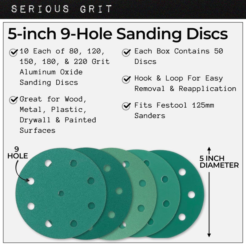 Serious Grit - 5-Inch 9-Hole Sanding Discs Assortment - 80, 120, 150, 180, 220 Grit (10 of Each) - Heavy-Duty Hook & Loop Film Discs - Sandpaper for Random Orbital Sanders - 50 Pack Box - Image 3