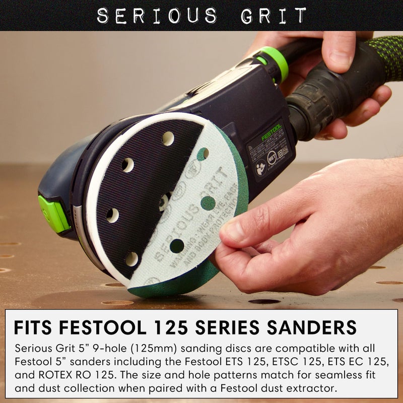 Serious Grit - 5-Inch 9-Hole Sanding Discs Assortment - 80, 120, 150, 180, 220 Grit (10 of Each) - Heavy-Duty Hook & Loop Film Discs - Sandpaper for Random Orbital Sanders - 50 Pack Box - Image 2