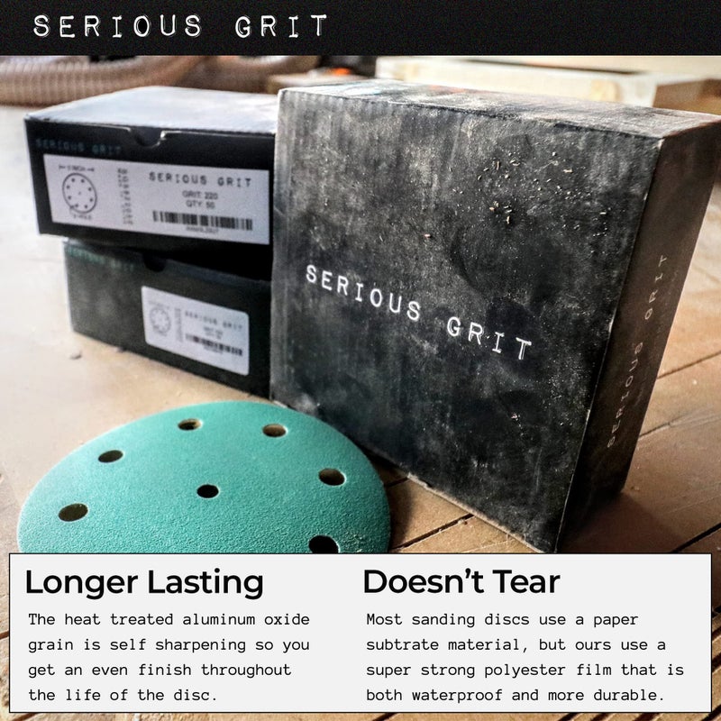 Serious Grit - 5-Inch 9-Hole Sanding Discs Assortment - 80, 120, 150, 180, 220 Grit (10 of Each) - Heavy-Duty Hook & Loop Film Discs - Sandpaper for Random Orbital Sanders - 50 Pack Box - Image 5