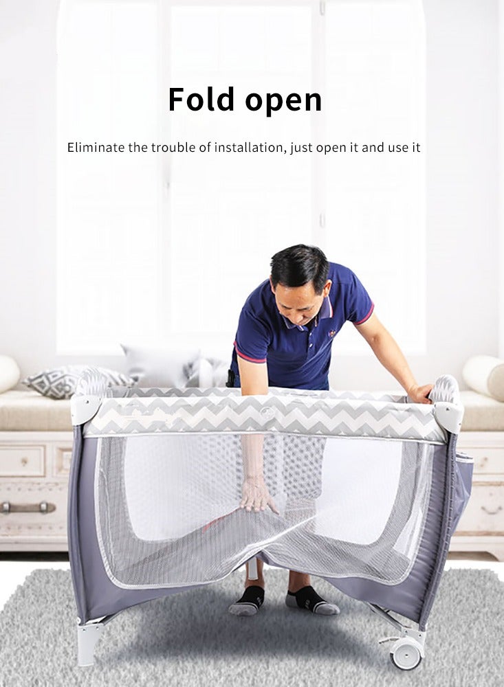 ما بيبي سرير أطفال متعدد الوظائف بجانب المهد، سرير أطفال قابل للطي (مع حقيبة تخزين، عجلات، ناموسية، مرتبة، لعبة قوس، طاولة تغيير) - Image 3
