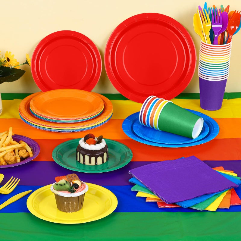 Kochorie 169 Pieces Rainbow Party Supplies Disposable Dinnerware Set Include Plates and Cups Napkins Plastic Forks Knives Spoons Tablecloth for Wedding Birthday Party Decorations, Serve 24 Guests - Image 5