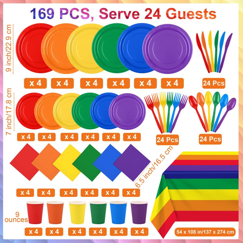 Kochorie 169 Pieces Rainbow Party Supplies Disposable Dinnerware Set Include Plates and Cups Napkins Plastic Forks Knives Spoons Tablecloth for Wedding Birthday Party Decorations, Serve 24 Guests - Image 2