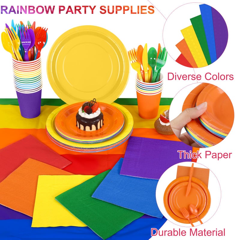 Kochorie 169 Pieces Rainbow Party Supplies Disposable Dinnerware Set Include Plates and Cups Napkins Plastic Forks Knives Spoons Tablecloth for Wedding Birthday Party Decorations, Serve 24 Guests - Image 3