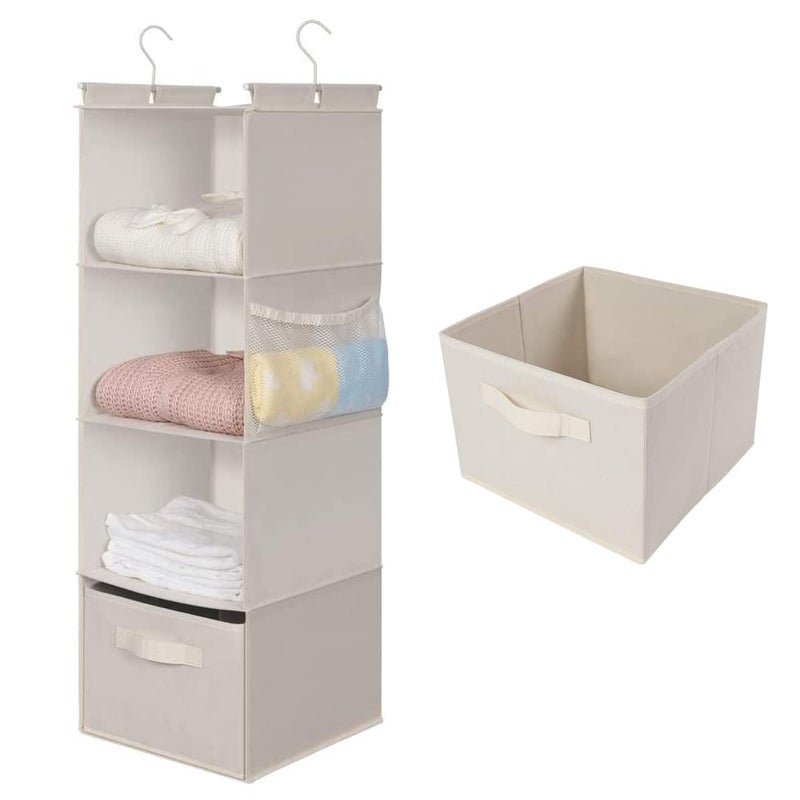 MAX Houser 4-Shelf Hanging Closet Organizer, Space Saver, Cloth Hanging Shelves with 2 Side Pockets, Foldable (Beige) - Image 1