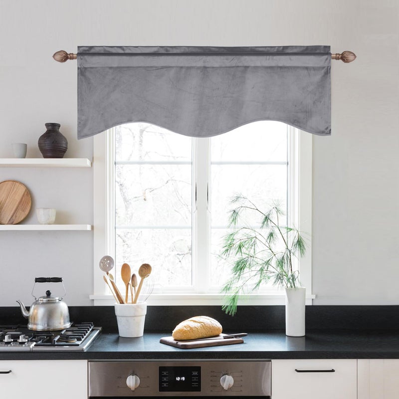 Jiuzhen Grey Valance For Windows  Living Room  Bedroom - Velvet Scalloped Curtains  Velvet Texture Tiers Window Dressing  52"" W X 18"" L  1 Panel - Image 2