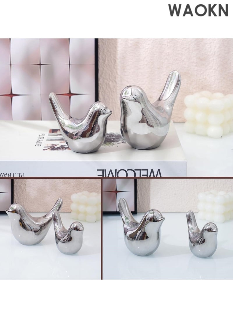 دبليو أيه أو كي أن تمثال حيوان صغير، ديكور منزلي، سيراميك فضي، زينة حيوانات على شكل طائر، تماثيل زخرفية، تماثيل صغيرة على الطراز الحديث، زينة فضية لغرفة المعيشة وغرفة النوم والمكتب المنزلي (زوج طائر) - Image 2