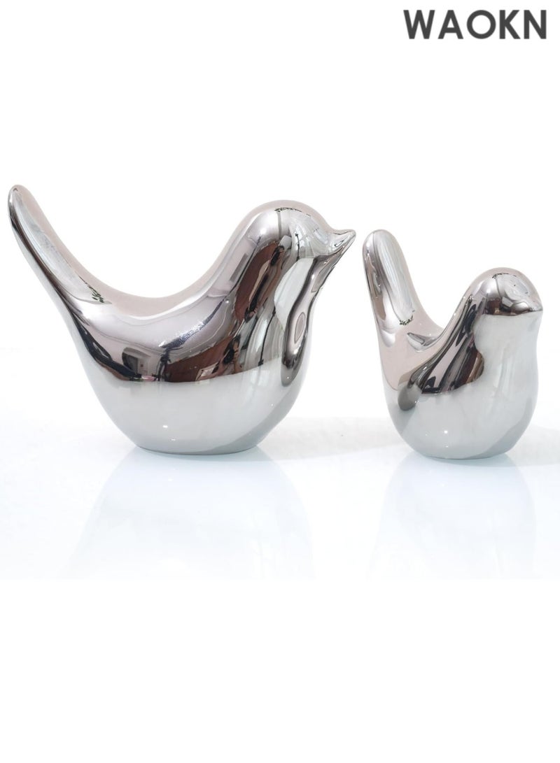 دبليو أيه أو كي أن تمثال حيوان صغير، ديكور منزلي، سيراميك فضي، زينة حيوانات على شكل طائر، تماثيل زخرفية، تماثيل صغيرة على الطراز الحديث، زينة فضية لغرفة المعيشة وغرفة النوم والمكتب المنزلي (زوج طائر) - Image 1