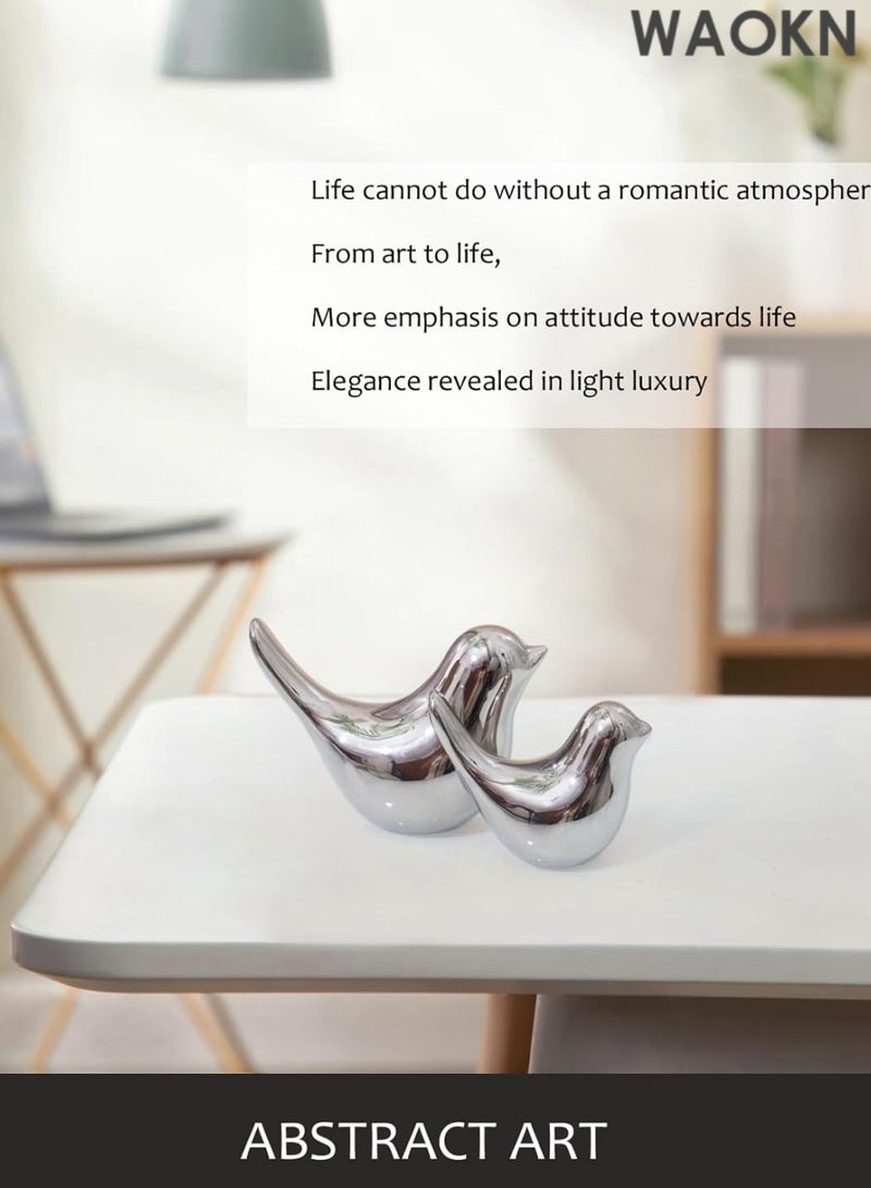 دبليو أيه أو كي أن تمثال حيوان صغير، ديكور منزلي، سيراميك فضي، زينة حيوانات على شكل طائر، تماثيل زخرفية، تماثيل صغيرة على الطراز الحديث، زينة فضية لغرفة المعيشة وغرفة النوم والمكتب المنزلي (زوج طائر) - Image 3