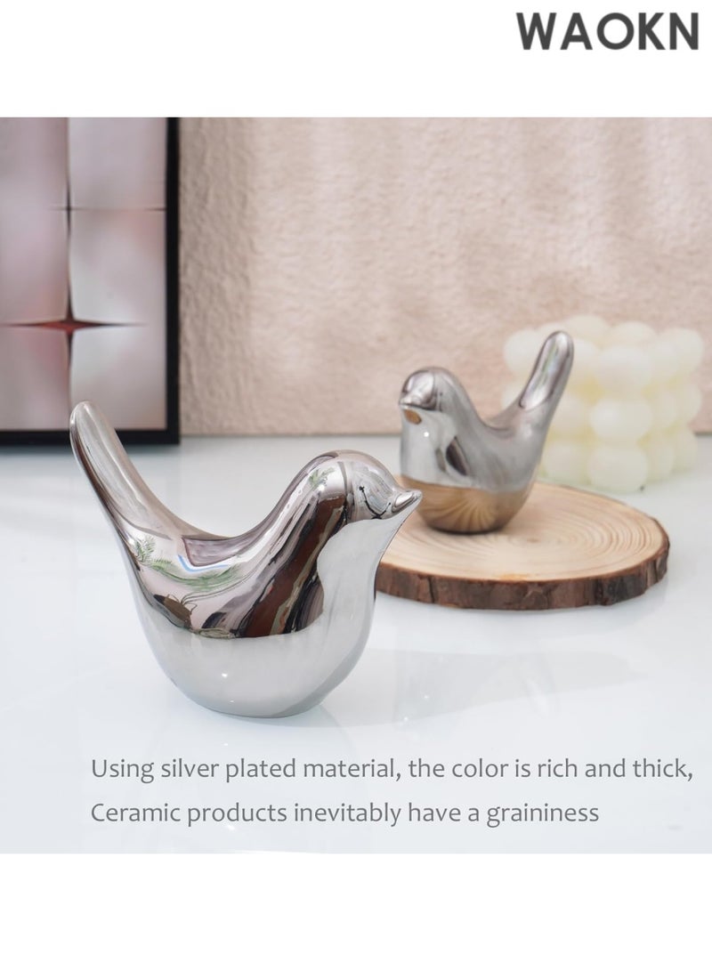 دبليو أيه أو كي أن تمثال حيوان صغير، ديكور منزلي، سيراميك فضي، زينة حيوانات على شكل طائر، تماثيل زخرفية، تماثيل صغيرة على الطراز الحديث، زينة فضية لغرفة المعيشة وغرفة النوم والمكتب المنزلي (زوج طائر) - Image 5