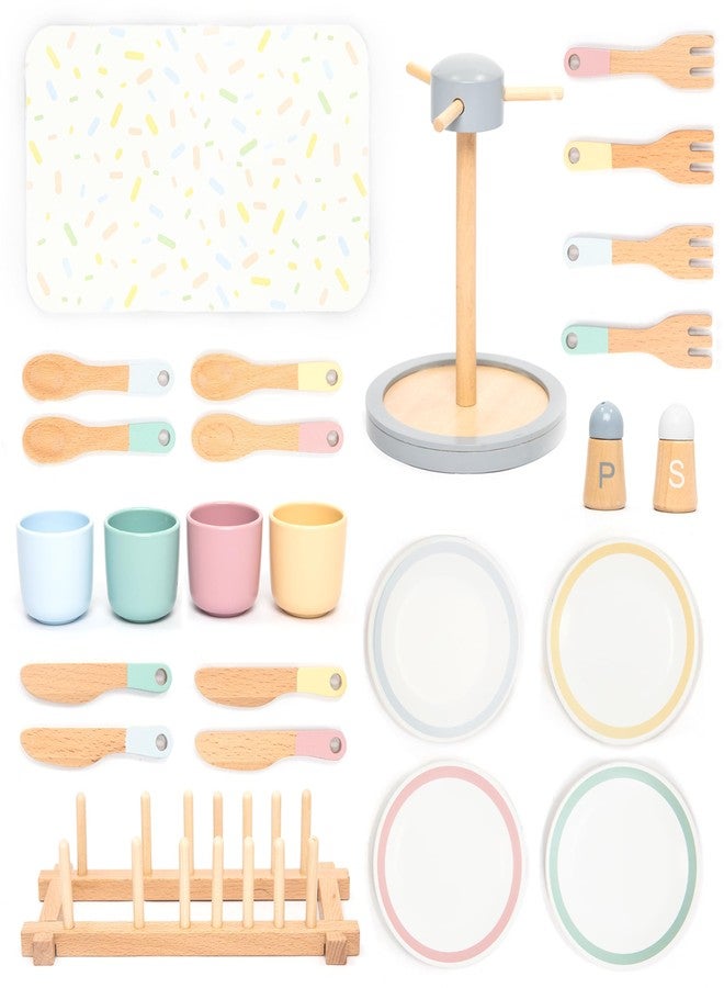 UMU® Large Wooden Dish Set - 28-Piece Tableware for Kids' Play Kitchen with Plates, Cups, Cutlery & Drying Rack - Pretend Play Kitchen Accessories for Children Ages 3 4 5 6 - Image 1