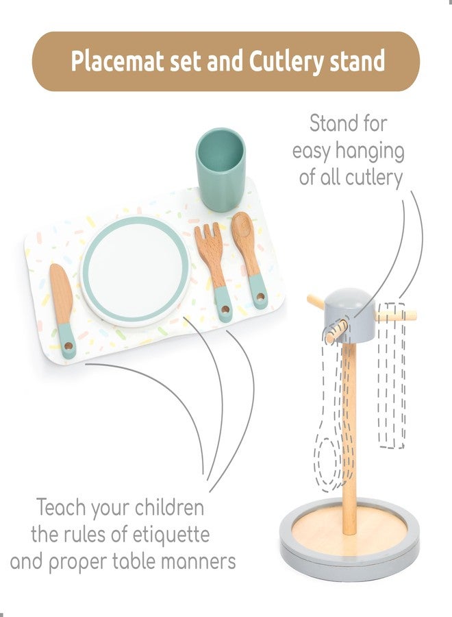 UMU® Large Wooden Dish Set - 28-Piece Tableware for Kids' Play Kitchen with Plates, Cups, Cutlery & Drying Rack - Pretend Play Kitchen Accessories for Children Ages 3 4 5 6 - Image 4