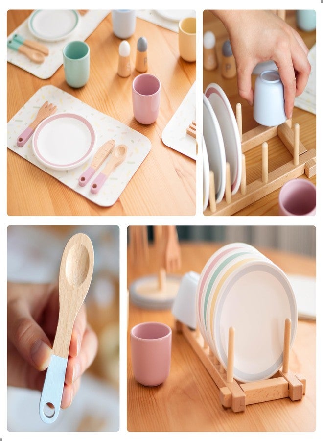 UMU® Large Wooden Dish Set - 28-Piece Tableware for Kids' Play Kitchen with Plates, Cups, Cutlery & Drying Rack - Pretend Play Kitchen Accessories for Children Ages 3 4 5 6 - Image 3
