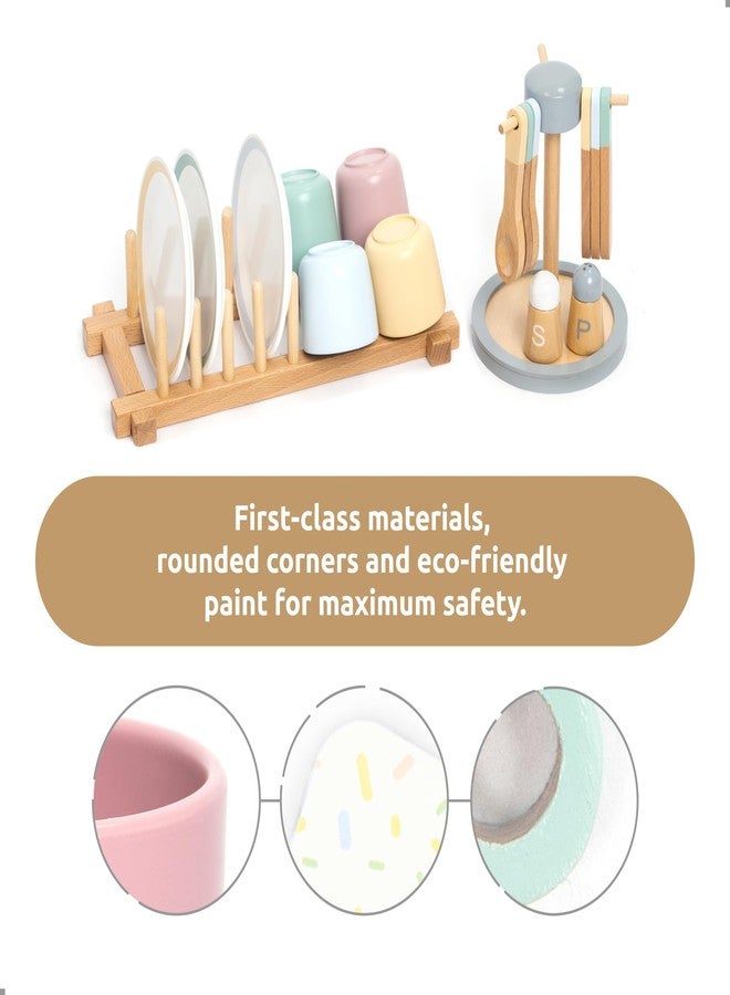 UMU® Large Wooden Dish Set - 28-Piece Tableware for Kids' Play Kitchen with Plates, Cups, Cutlery & Drying Rack - Pretend Play Kitchen Accessories for Children Ages 3 4 5 6 - Image 2