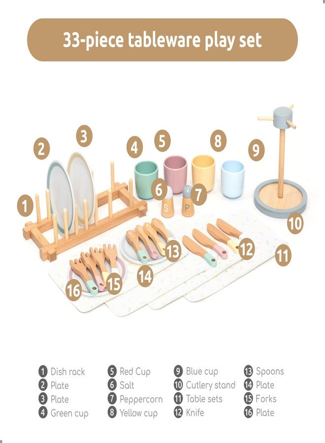 UMU® Large Wooden Dish Set - 28-Piece Tableware for Kids' Play Kitchen with Plates, Cups, Cutlery & Drying Rack - Pretend Play Kitchen Accessories for Children Ages 3 4 5 6 - Image 5